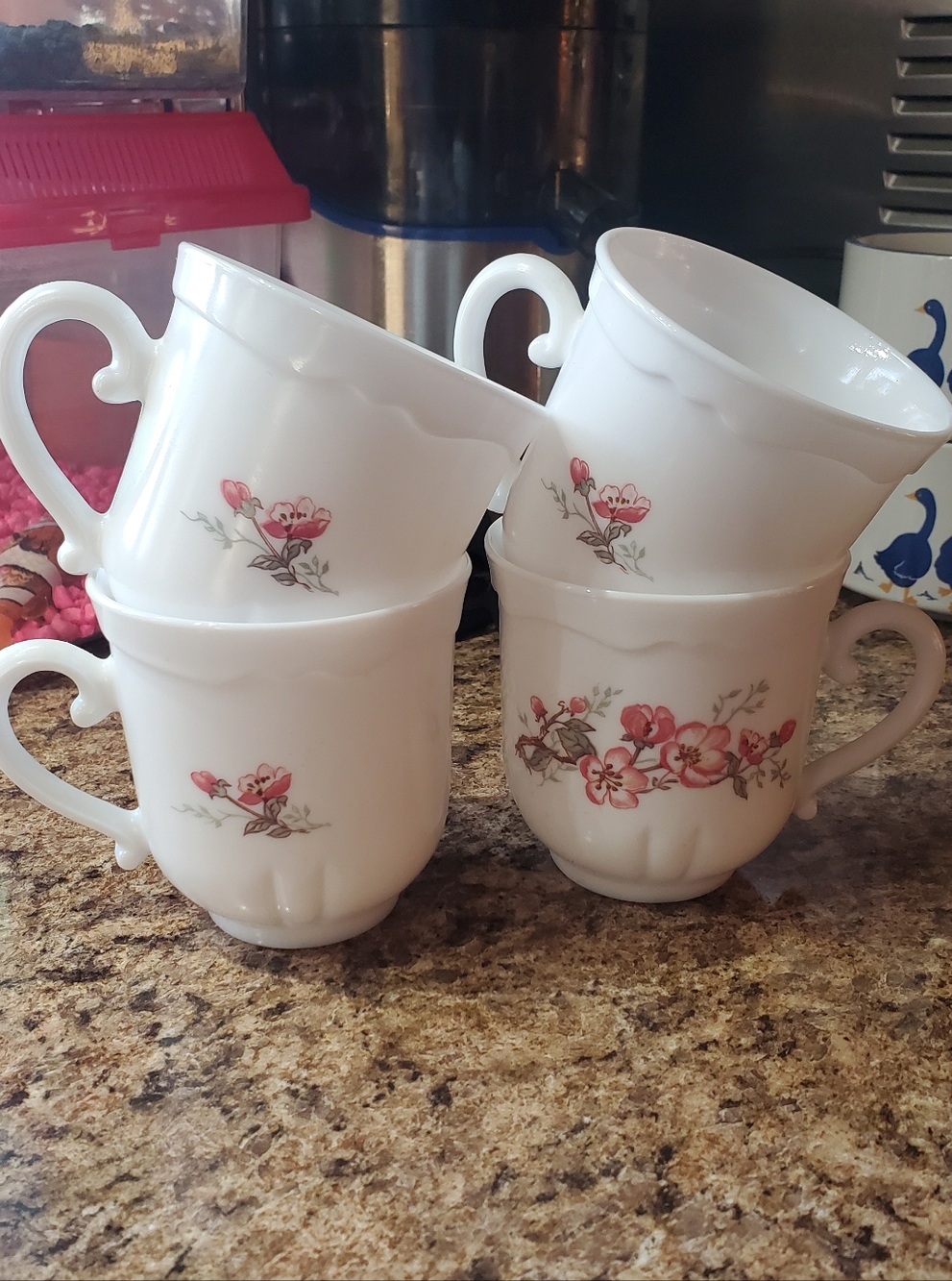 Vintage Arcopal France White Floral Teacups (Set Of 4) - Blossom Pattern